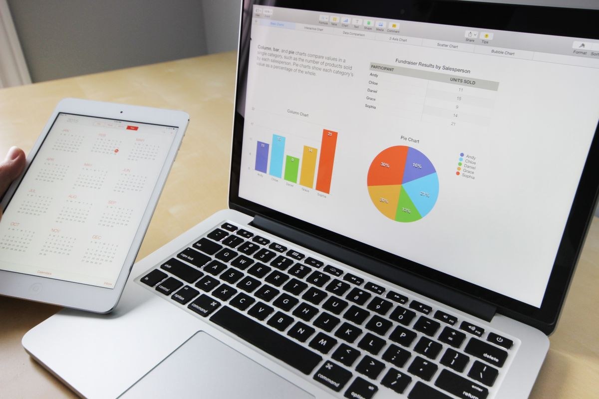 Laptop showing bar and pie charts beside a tablet on a wooden desk